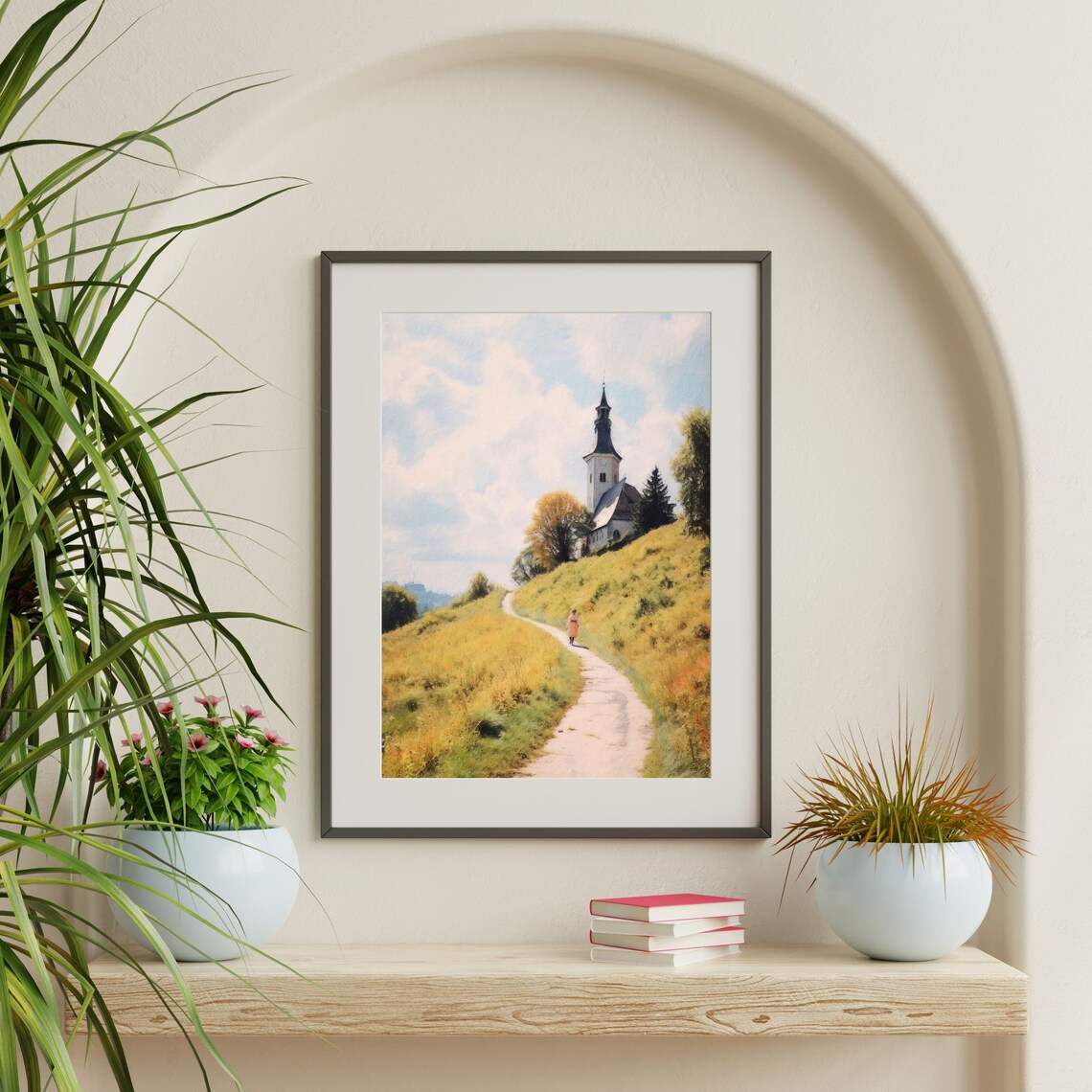 Vintage Country Church Landscape Oil Painting Art Print - Image 2