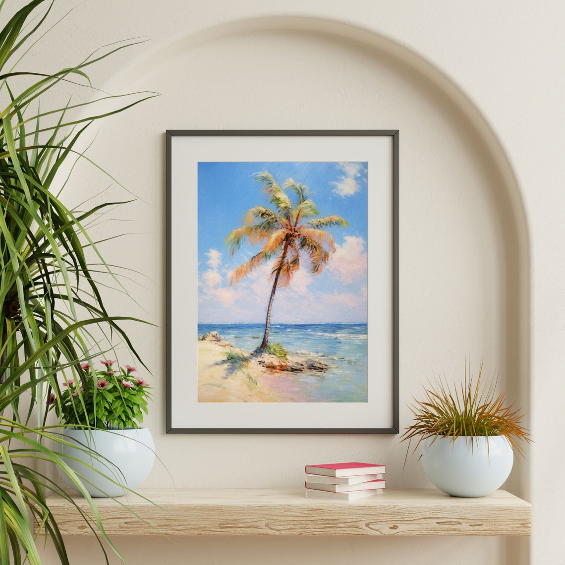 Lone Palm Tree Sunny Beach Turquoise Sea Vintage Coastal Poster - Image 2