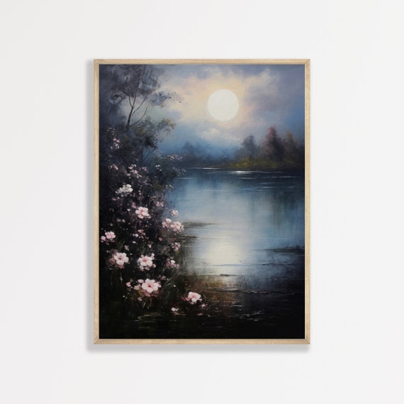 Moon And Flowers Painting Vintage Moody Landscape Wall Art Dark Academia Decor P 986