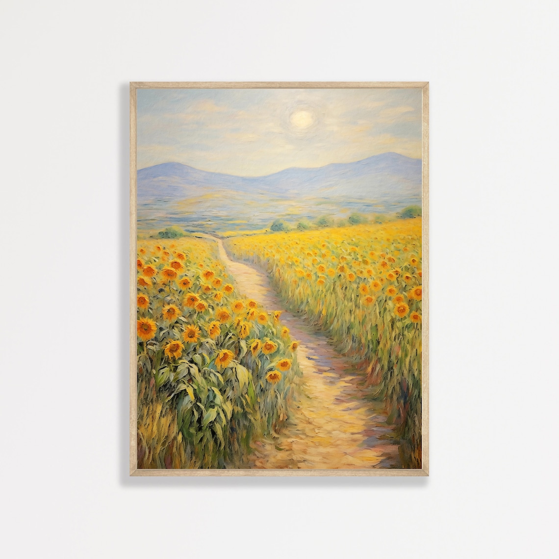 Sunflower Field Path with Mountain View Vintage Landscape Poster
