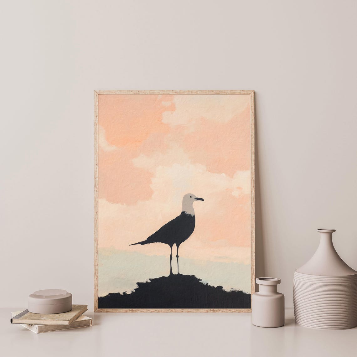 Seagull Silhouette Pastel Peach Sunset Sky Minimalist Beach Art Poster - Image 3