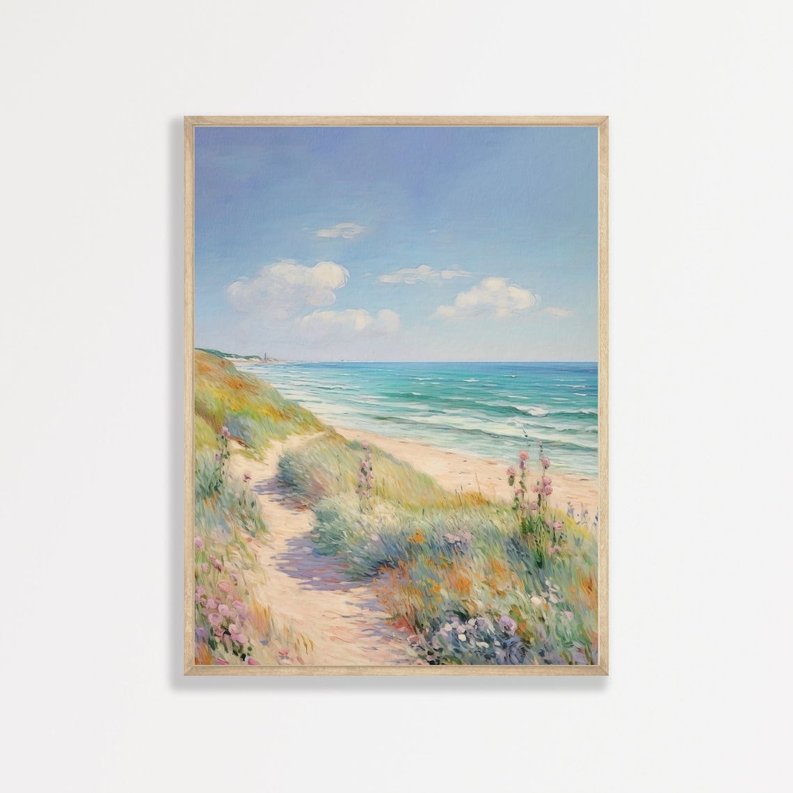 Retro Beach Landscape, Pastel Coastal Art Print