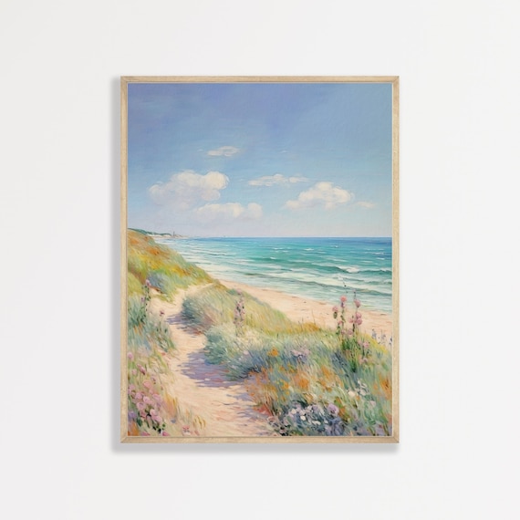 Retro Beach Landscape, Pastel Coastal Art Print