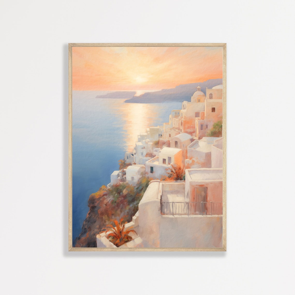 Santorini Greece White Cliff Village Sunset Caldera View Travel Poster