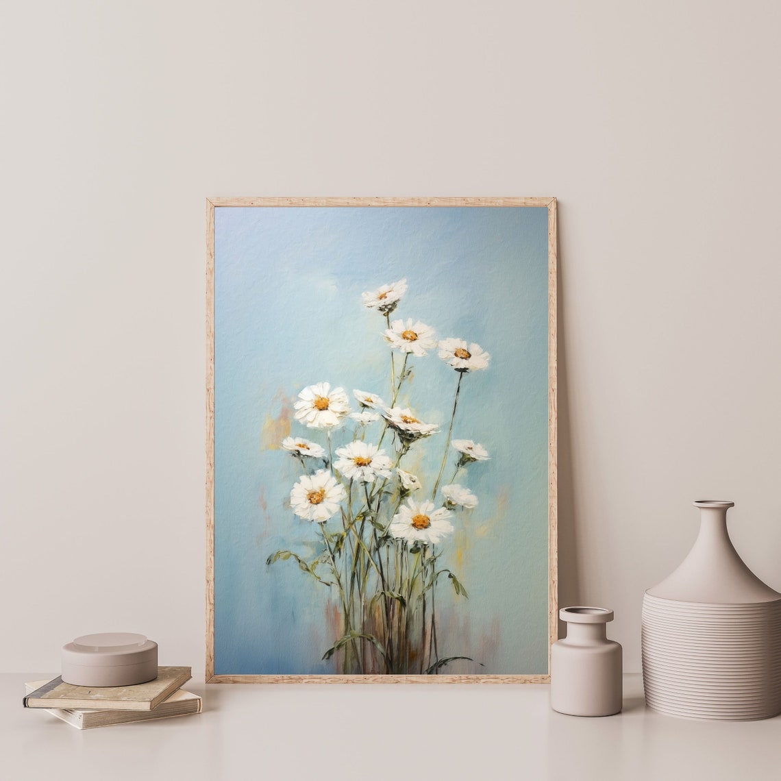 White Daisy Cluster Pastel Blue Impressionist Floral Art Poster - Image 3