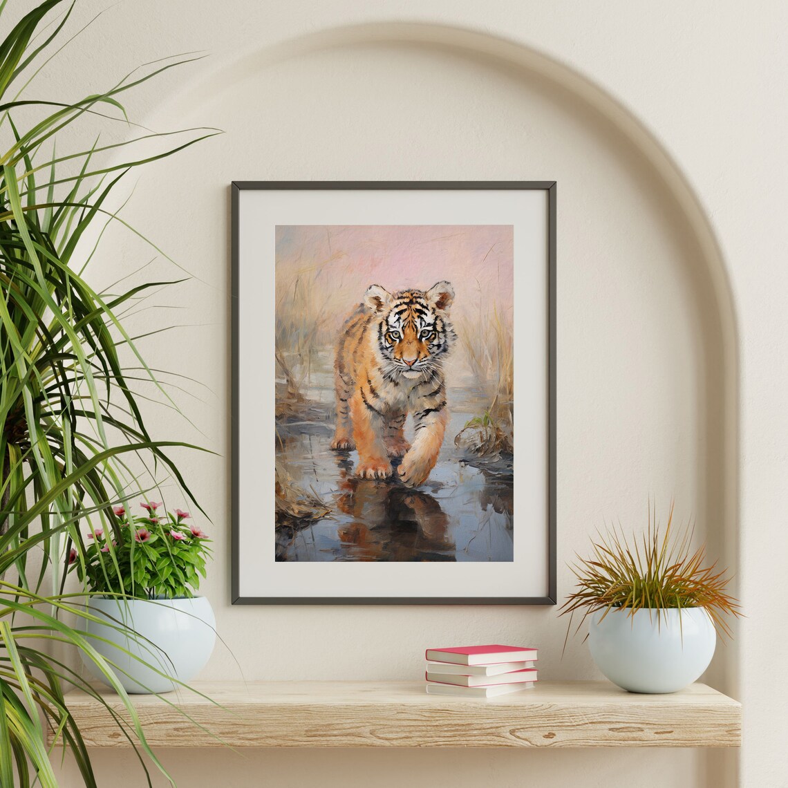 Baby Tiger Cub Walking In Water Pink Mist Playful Wild Cat Painting Poster - Image 2