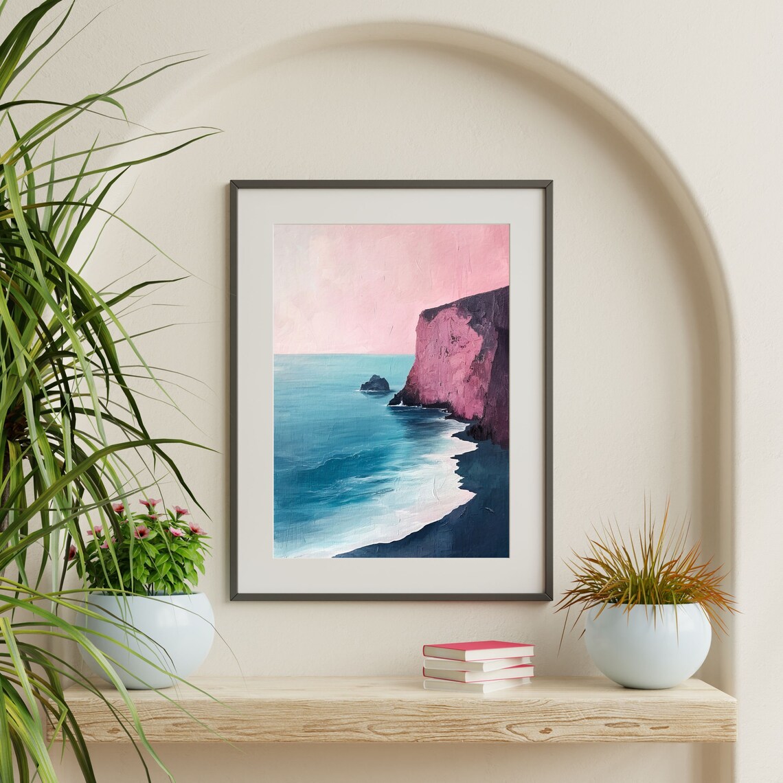 Magenta Cliff Teal Ocean Pink Sky Minimalist Coastal Painting Poster - Image 2