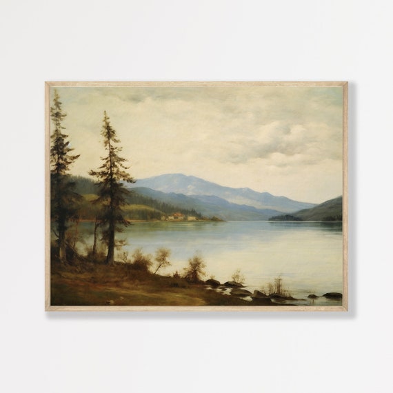 Rustic Lake Painting Vintage Landscape Wall Art Moody Nature Scenery Cottage Farmhouse Wall Decor P 828