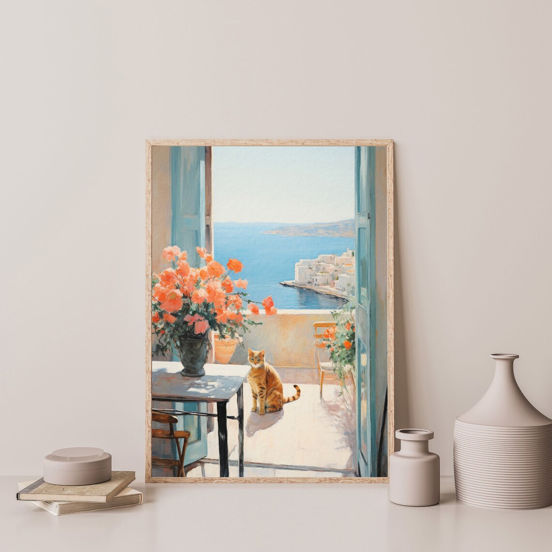 Coastal Cat Painting, Retro Greece Poster Print - Image 3