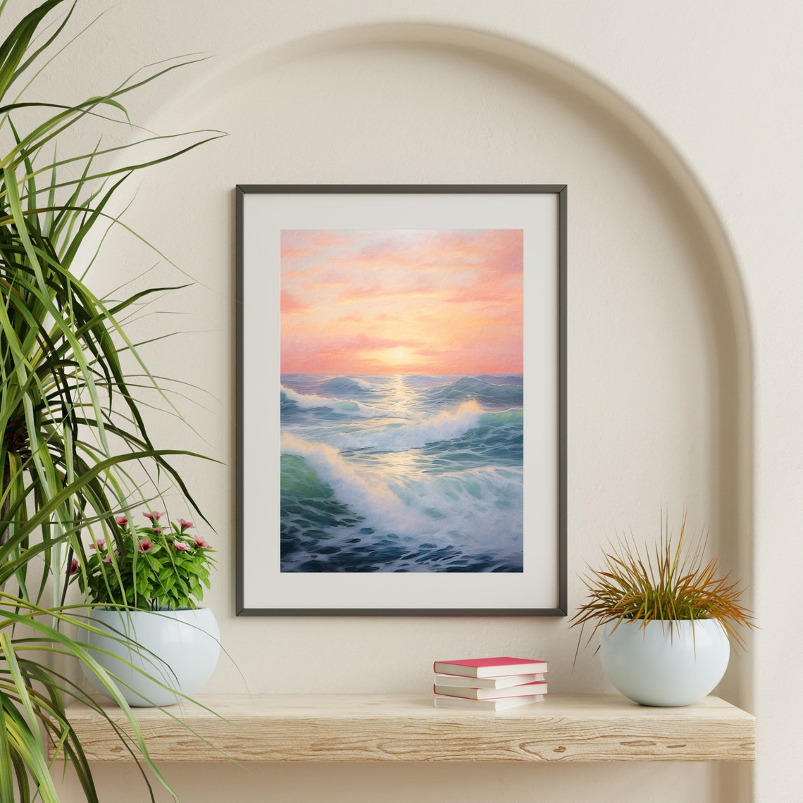Pastel Sunset Ocean Waves Golden Sky Coastal Seascape Wall Art - Image 2