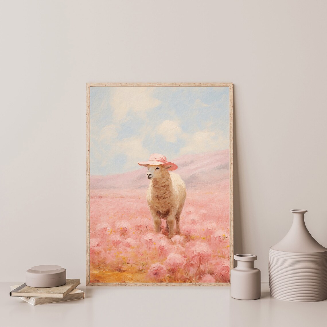 Sheep Pink Cowboy Hat Pink Flower Field Whimsical Farm Animal Poster - Image 3