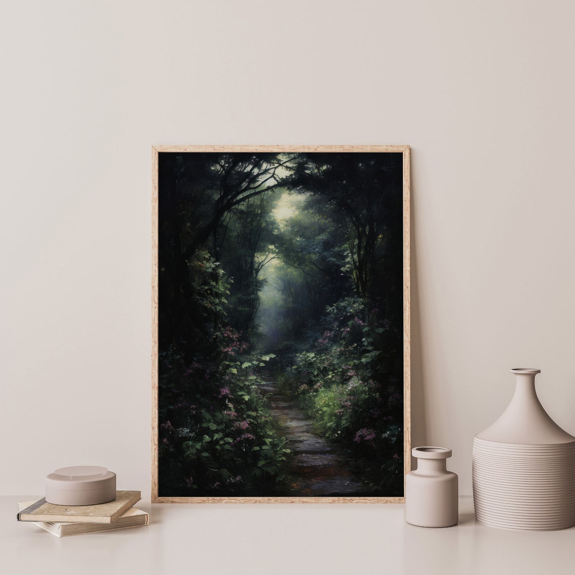 Dark Forest Path Glowing Light Moody Woodland Landscape Wall Art - Image 3