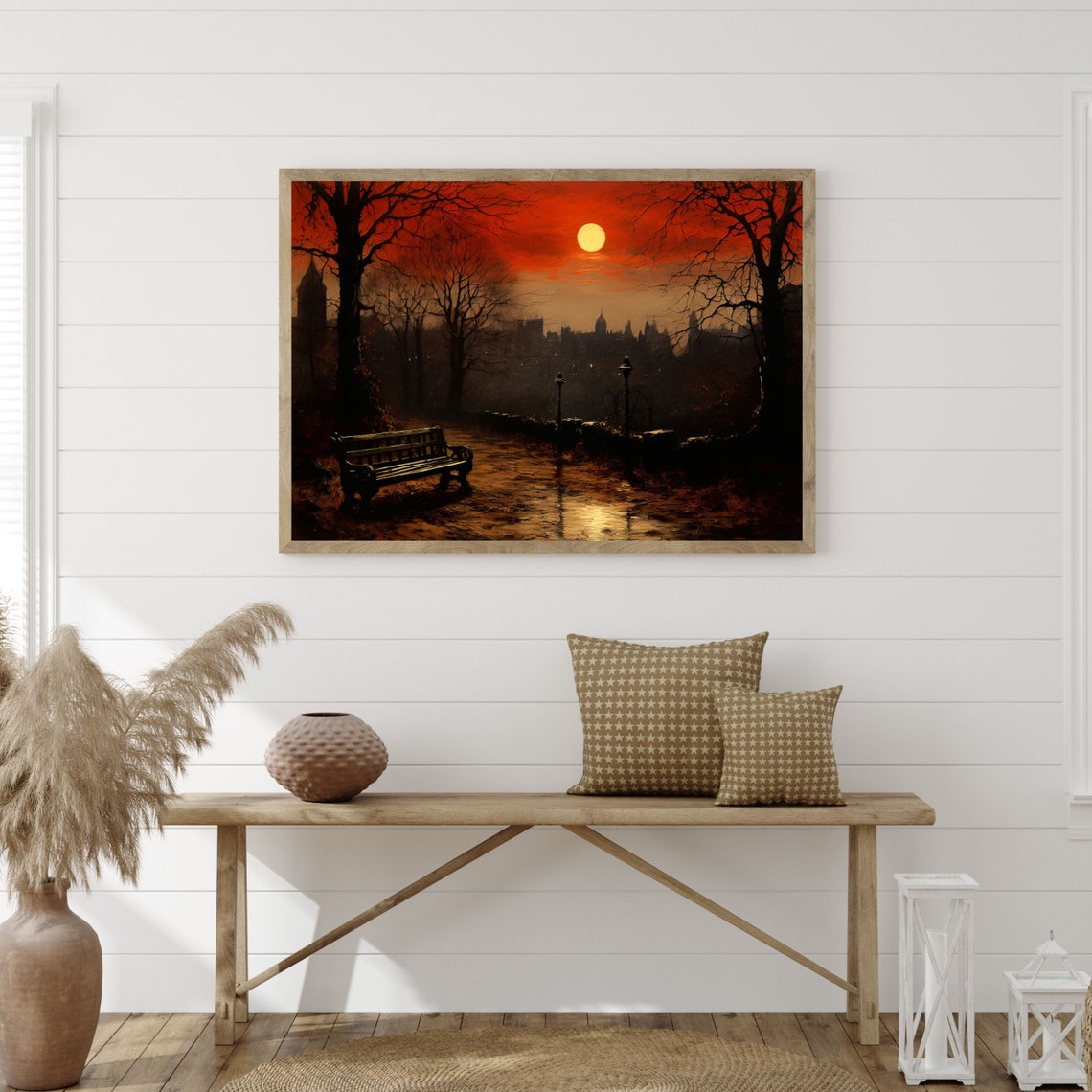 Blood Red Moon Night Park Bench Bare Trees Dark Moody Travel Poster - Image 3