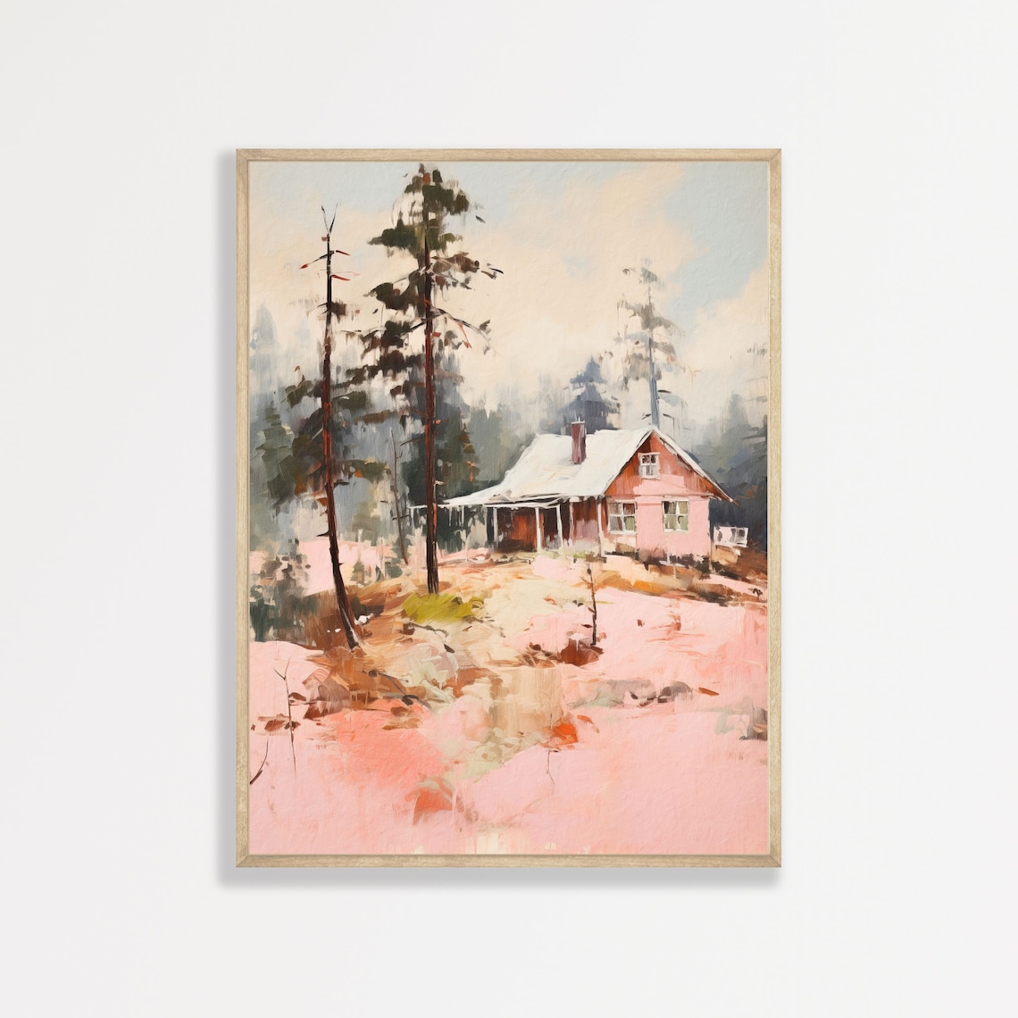 Pink Tint Woodland Cabin Among Pines Moody Forest Painting Poster