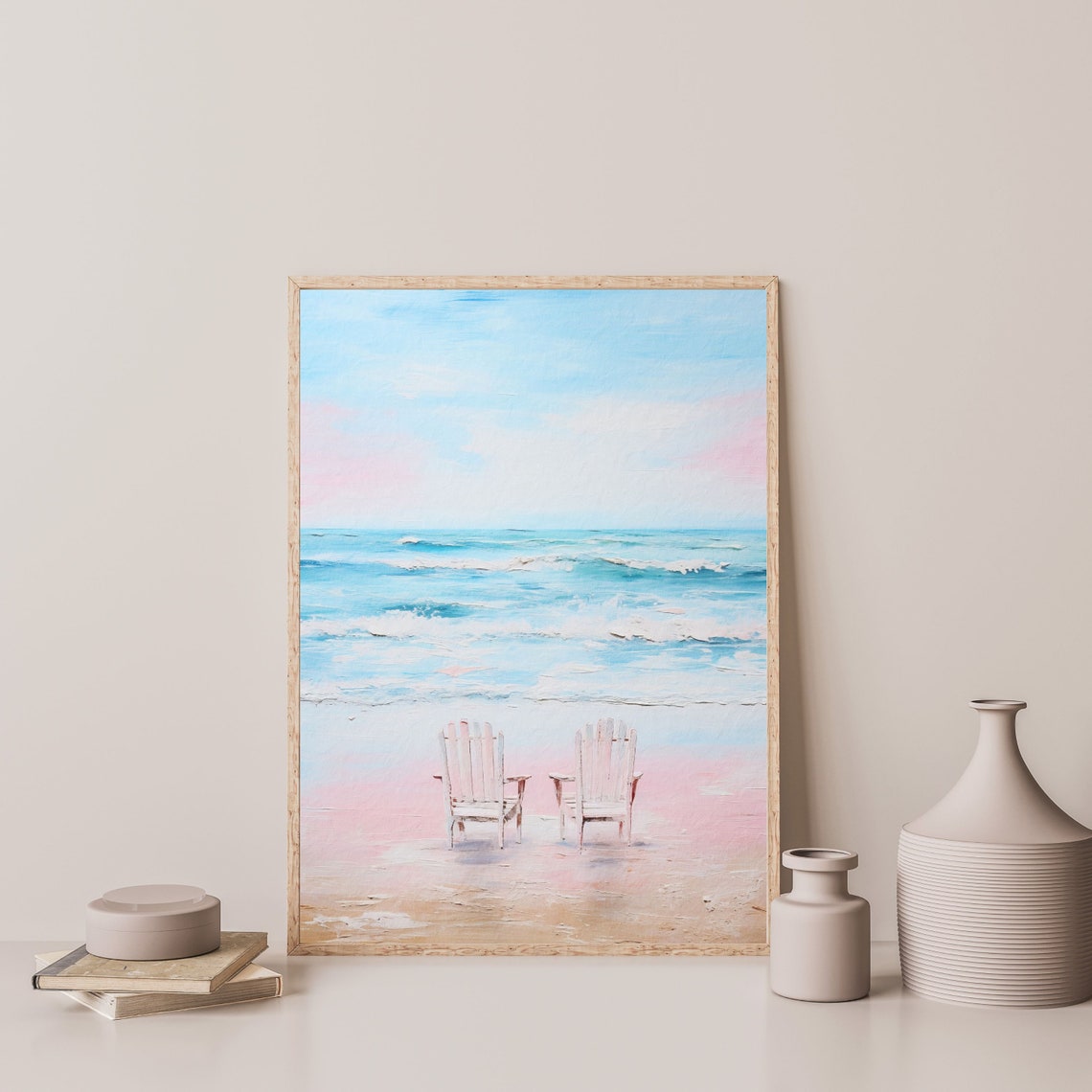 Two Beach Chairs Ocean View Pink Sand Pastel Seascape Painting Poster - Image 3