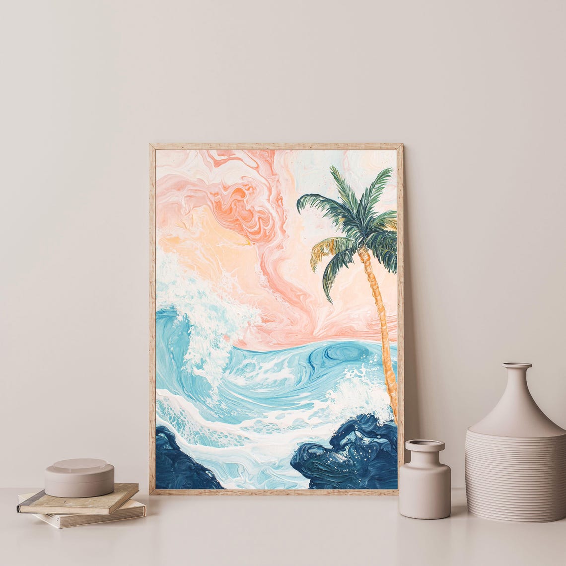 Abstract Palm Tree Dreamy Tropical Ocean Wave Sunset Art Poster - Image 3