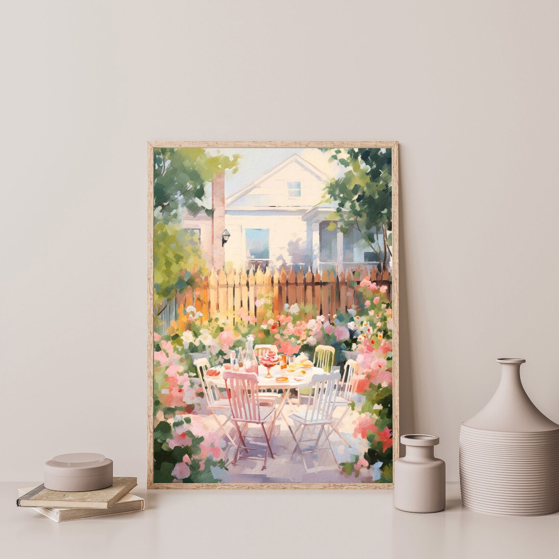 Garden Picnic Table Summer Lunch Flowers Fence Sunny Backyard Wall Art - Image 3