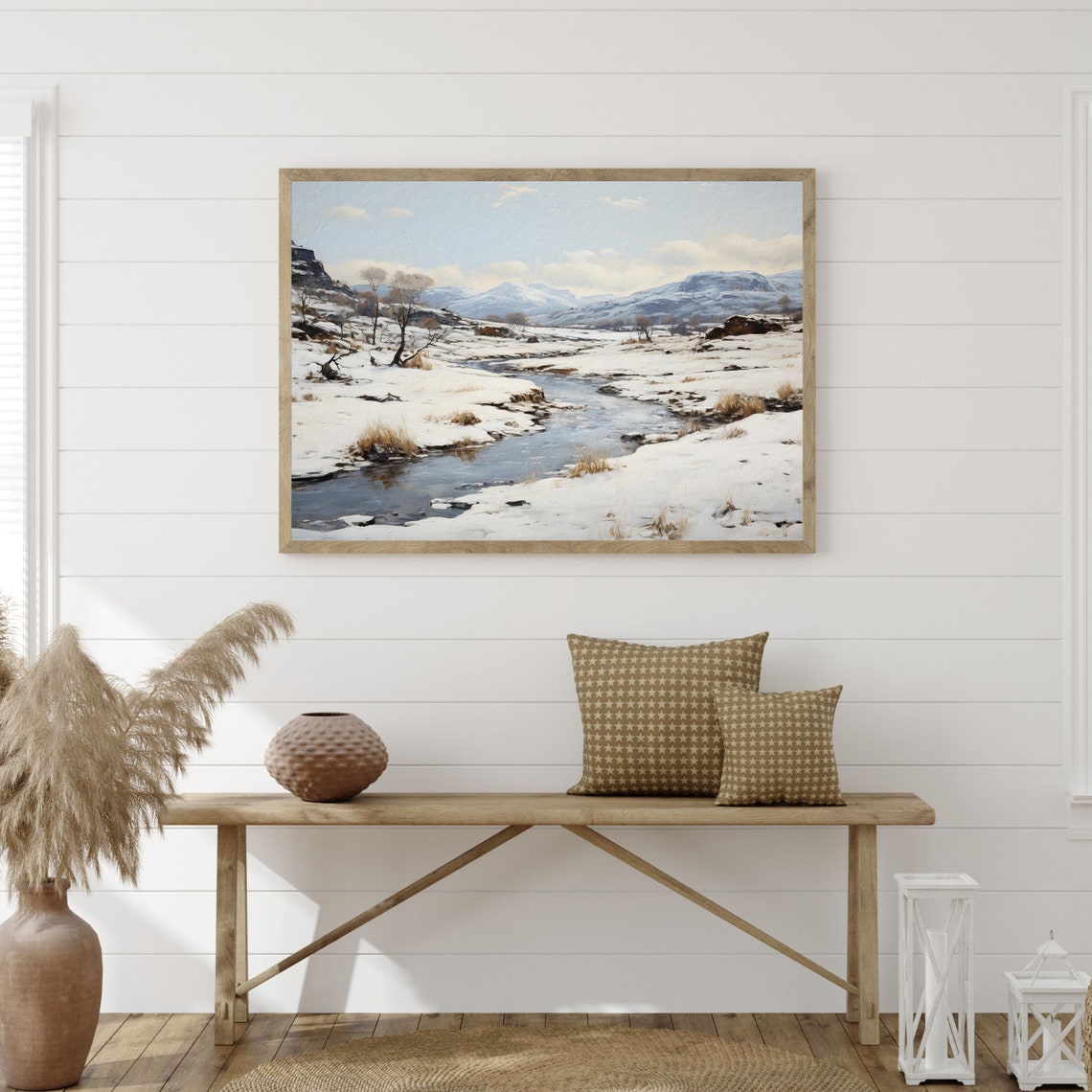 Snowy Mountain Valley with a Winding Stream Winter Landscape Poster - Image 3
