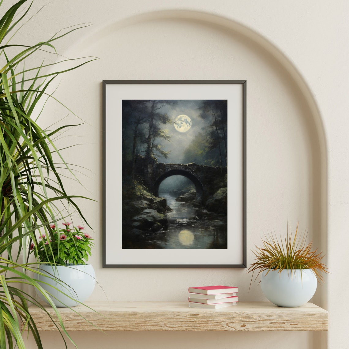 Stone Bridge Under Full Moon Night River Vintage Moody Wall Art - Image 2