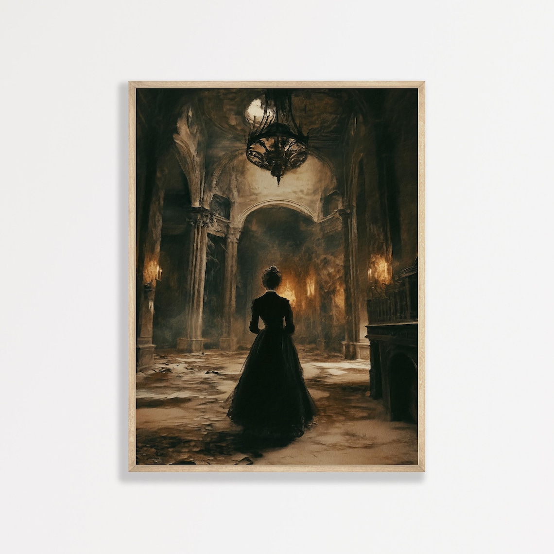 Woman in Black Dress Dark Castle Hall Candlelight Gothic Art Poster