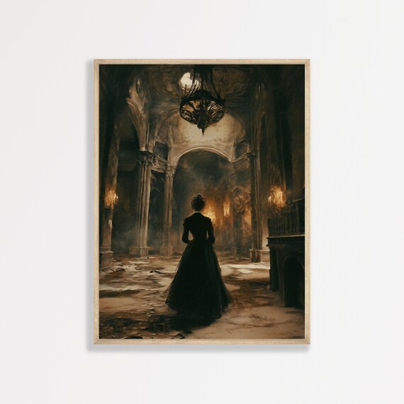 Woman in Black Dress Dark Castle Hall Candlelight Gothic Art Poster