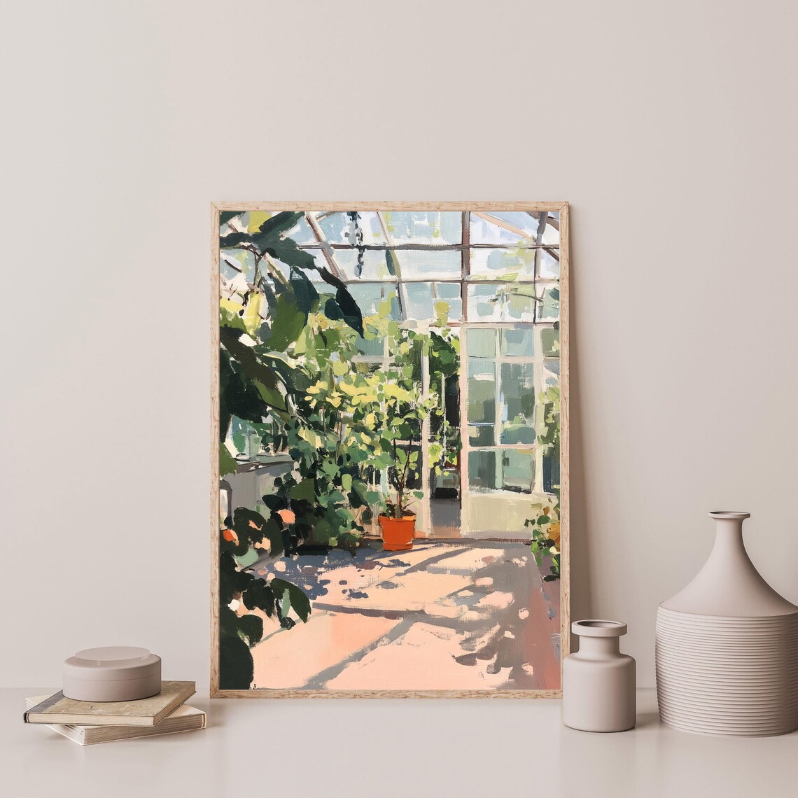 Sunlit Greenhouse Interior Lush Plants Glass Roof Vintage Art Poster - Image 3