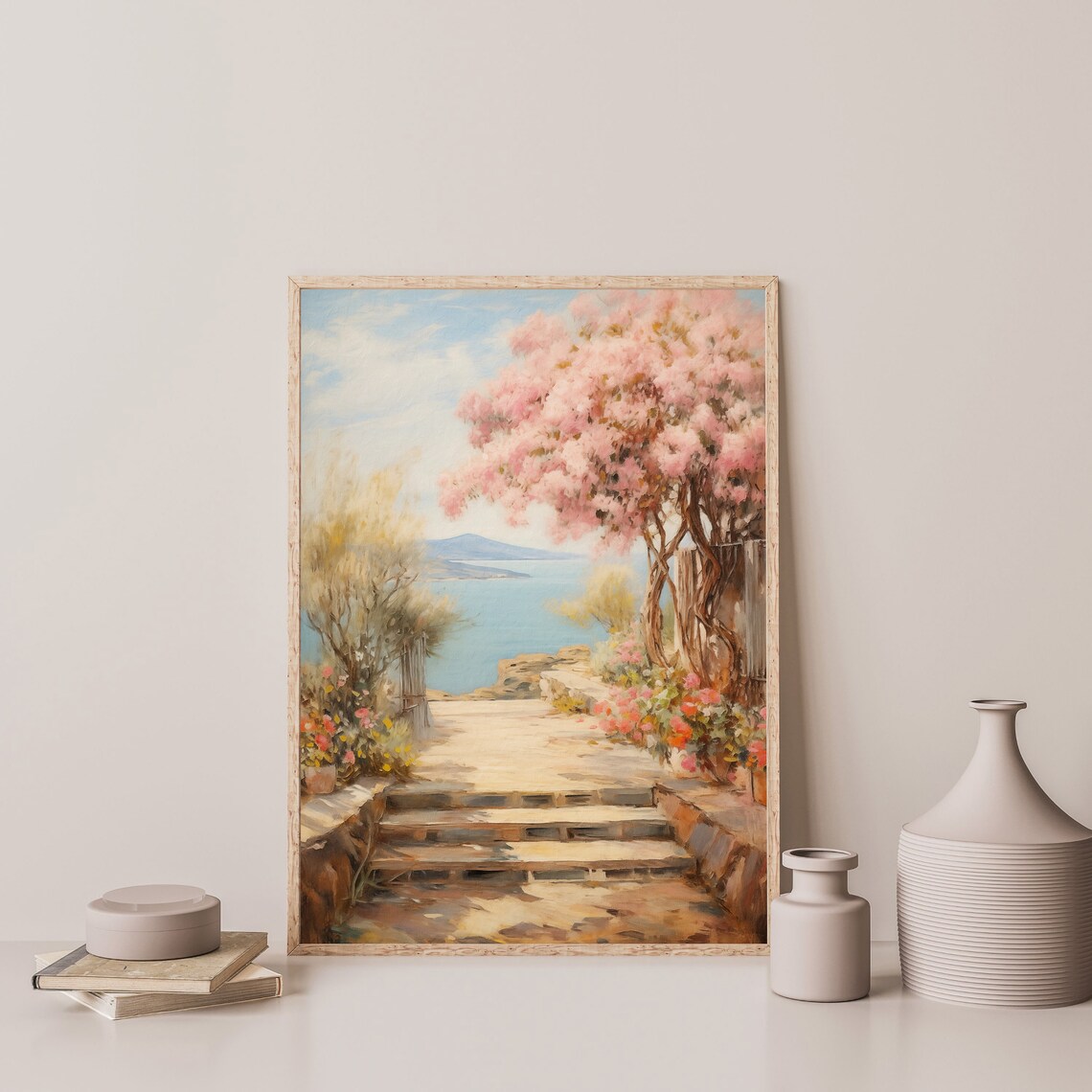 European Garden Steps to the Sea with Pink Blossom Trees Travel Poster - Image 3