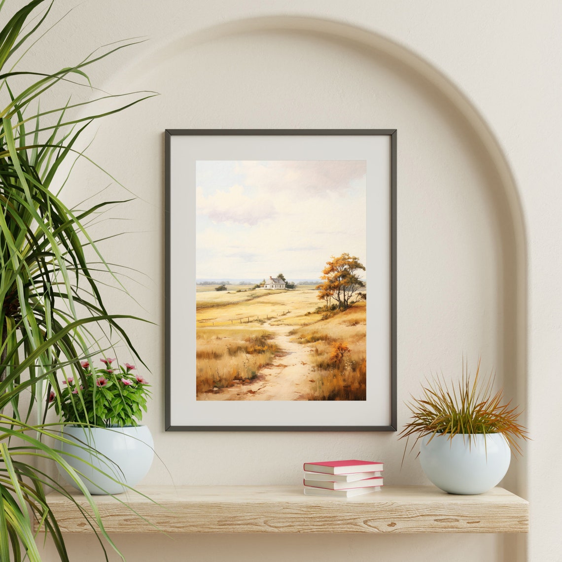 Farmhouse Wall Art Minimal Country Landscape Print Neutral Summer Pasture Field Painting P 587 - Image 2