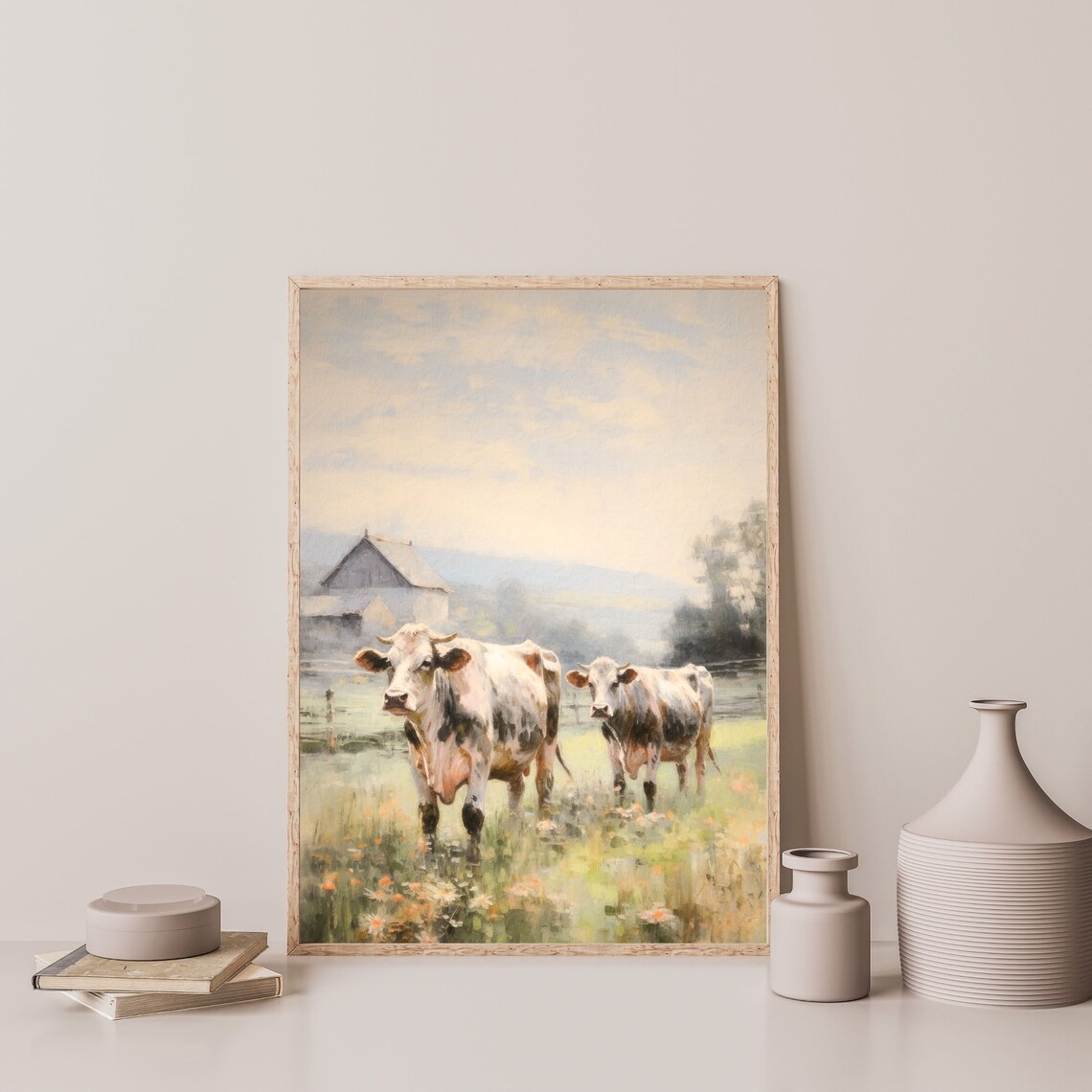 Country Cows Retro Farmhouse Landscape Art Print - Image 3