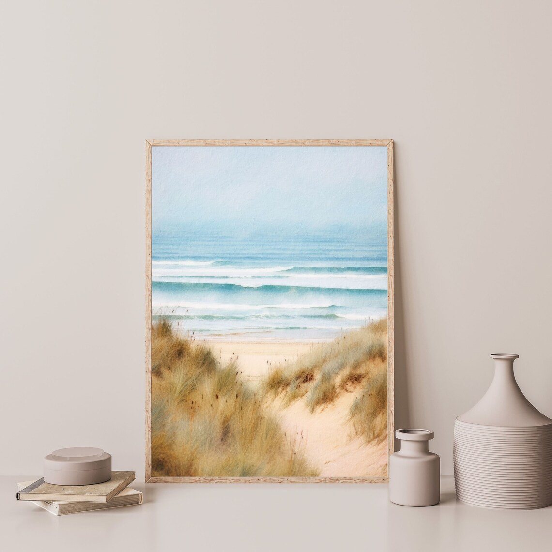 Muted Beach Dunes Retro Coastal Landscape Art Print - Image 3
