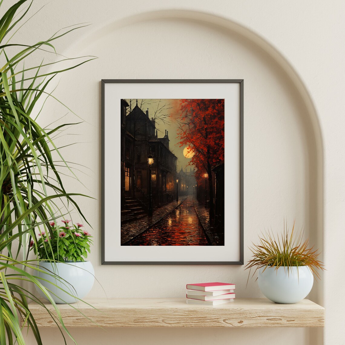 Moonlit Cobblestone Street Lamps Red Leaves Old Town Night Poster - Image 2