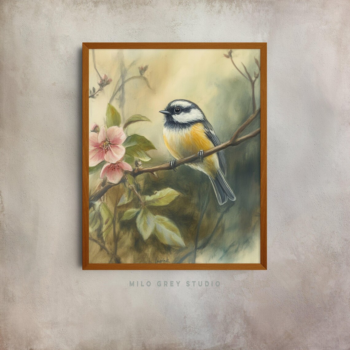 Blue Tit On Branch With Pink Blossoms Watercolor Bird Poster