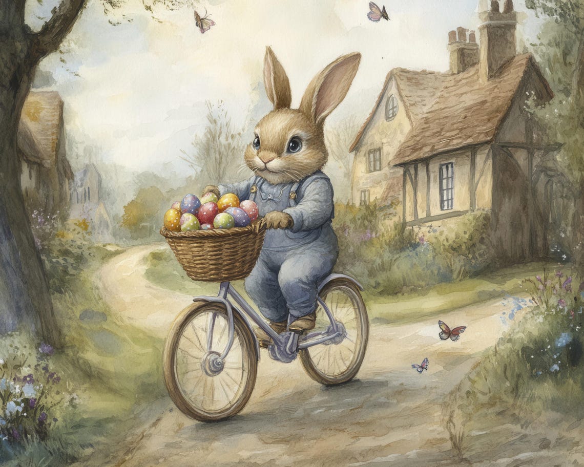 Bunny In Overalls Riding Bicycle With Easter Egg Basket Poster - Image 3