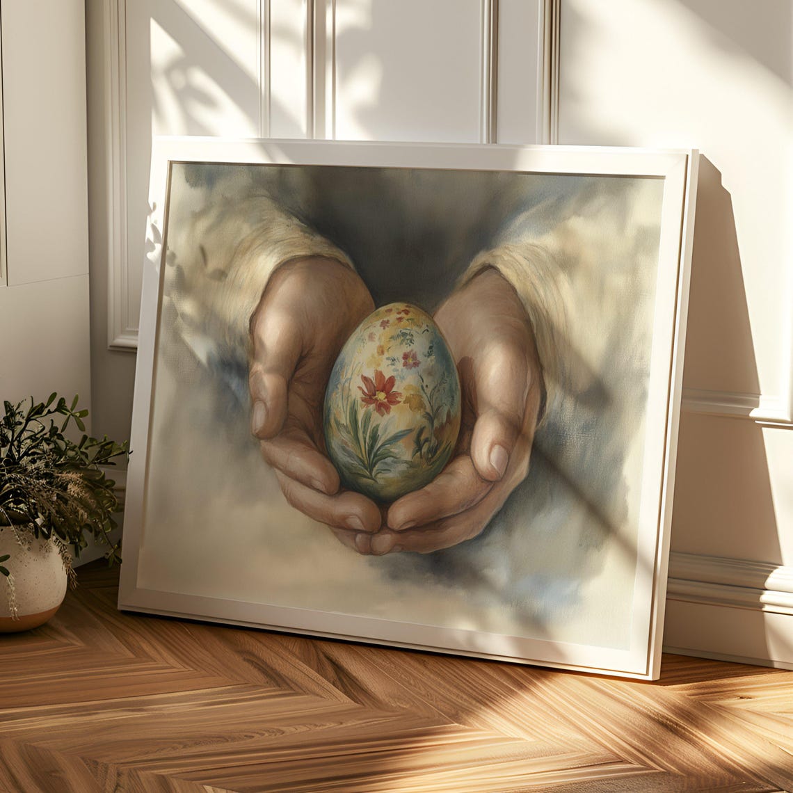 Hands Cradling Vintage Hand Painted Easter Egg Spring Poster - Image 2