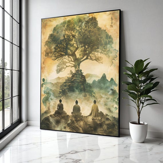 Tranquil Buddha Meditation Canvas Spiritual Tree Of Life Wall Art Asian Zen Landscape Mystical Mountain Gift Home Decor Print