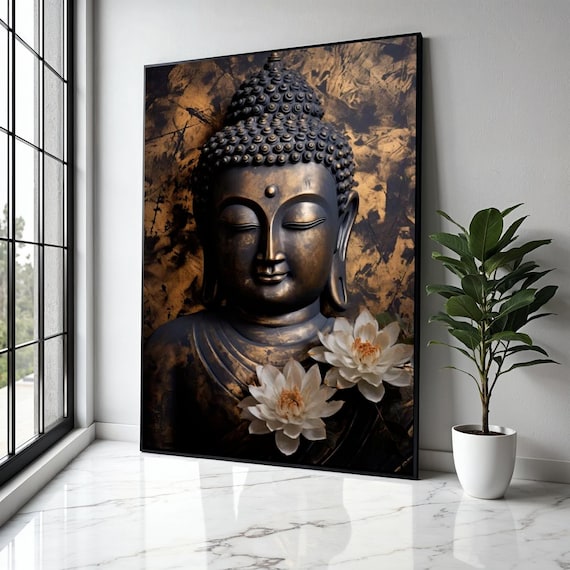Dark Bronze Buddha Statue White Lotus Zen Meditation Spiritual Art Poster