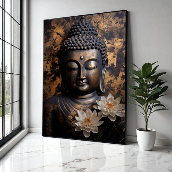 Serene Buddha Statue Canvas Zen Meditation Wall Art Spiritual Home Decor Flower Accent Tranquil Gift Print