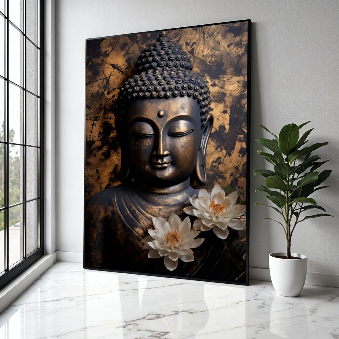 Dark Bronze Buddha Statue White Lotus Zen Meditation Spiritual Art Poster