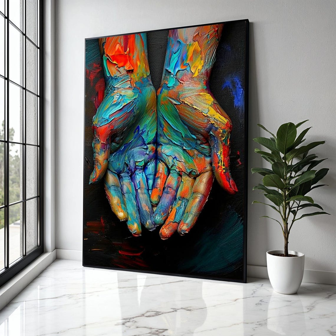 Vibrant Paint Covered Hands Abstract Rainbow Palette Knife Art Poster