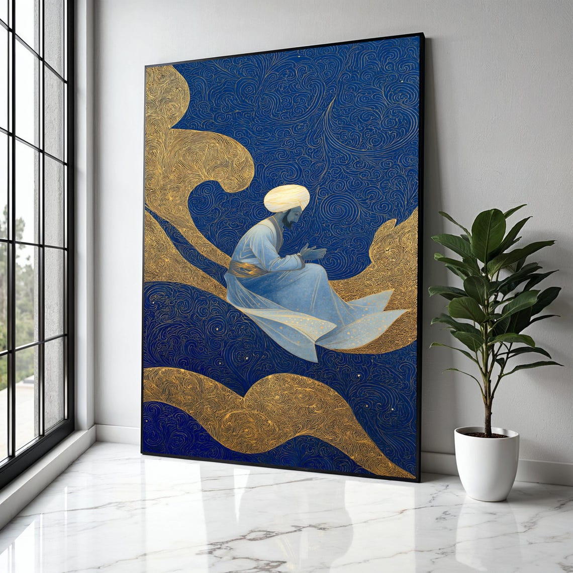 Seated Sage Drifting on Golden Cloud Blue Night Sky Art Poster