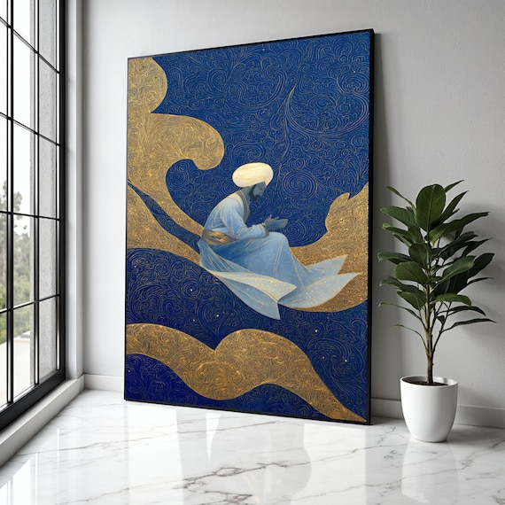 Seated Sage Drifting on Golden Cloud Blue Night Sky Art Poster