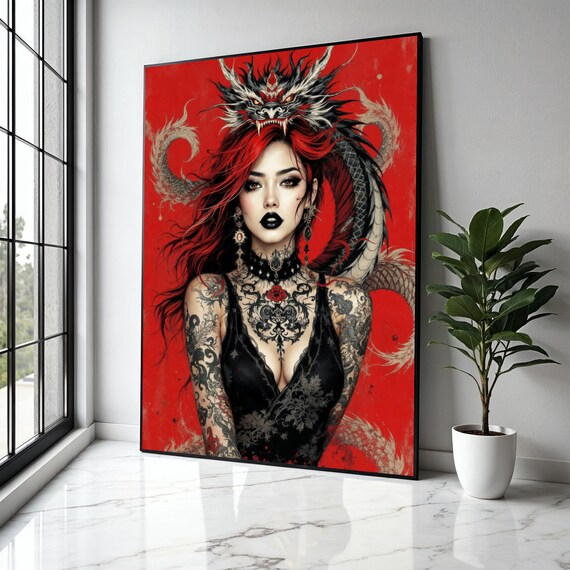 Fierce Redhaired Woman With Dragon Gothic Tattoo Art Canvas Dark Glamour Wall Decor Fantasy Portrait Gift Home Print
