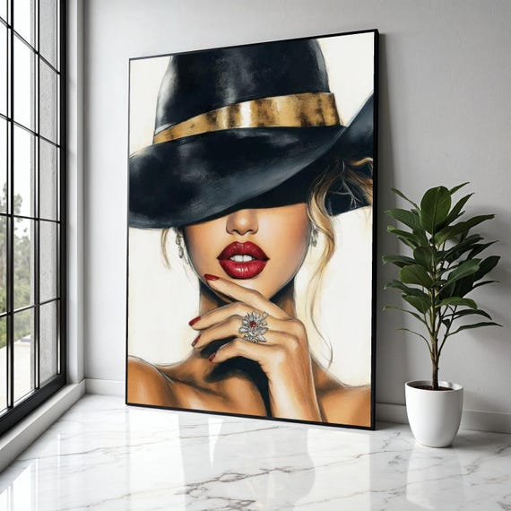 Elegant Woman In Black Hat Canvas Glamour Portrait Wall Art Red Lips And Gold Accent Fashion Illustration Gift Home Decor Print