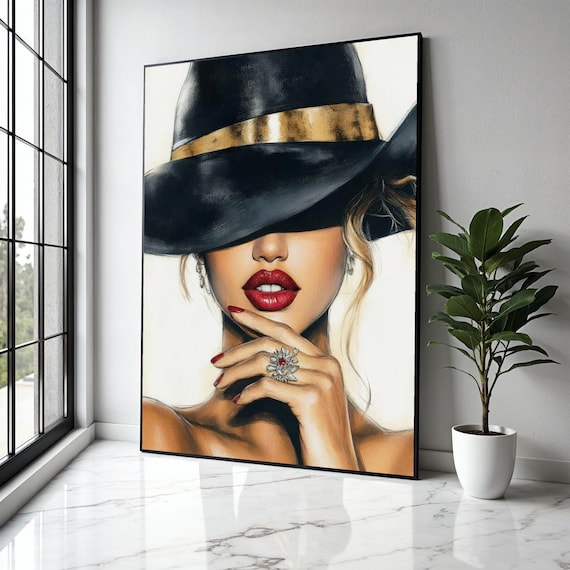 Glamorous Woman in Black Hat with Red Lips Fashion Beauty Art Poster