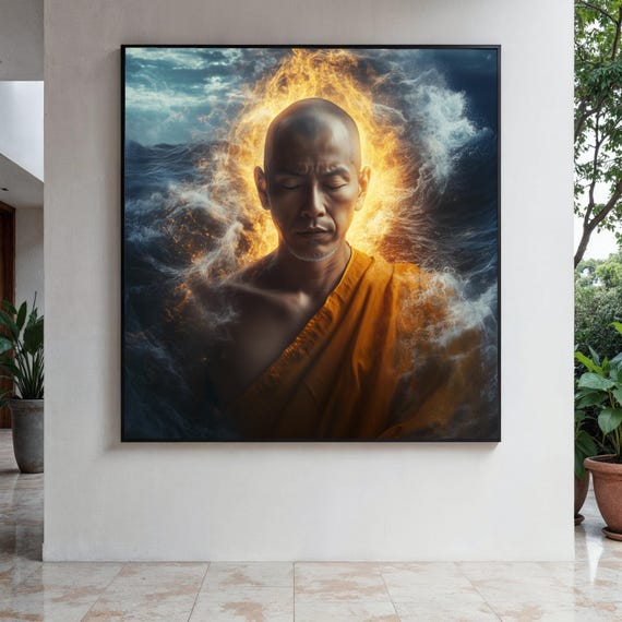 Serene Meditating Monk Canvas Spiritual Wall Art Zen Buddhist Meditation Print Fiery Glow And Ocean Wave Gift Home Decor