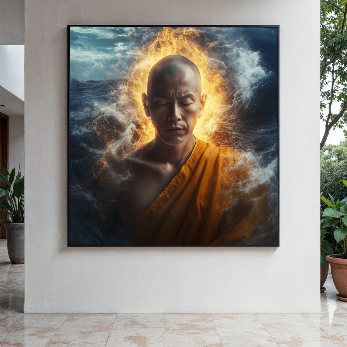 Meditating Monk Golden Aura Ocean Waves Spiritual Wall Poster