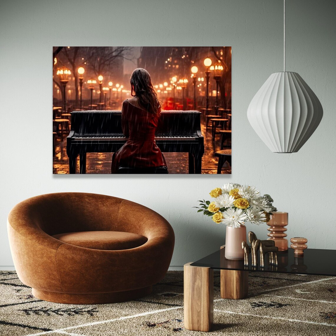 Rainy Evening Piano Woman Red Dress Romantic Street Scene Poster
