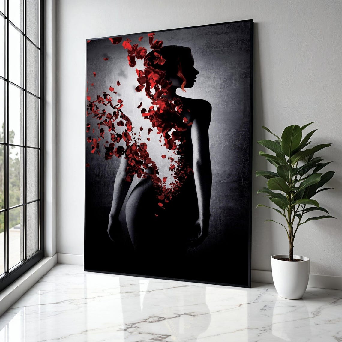 Female Silhouette Dissolving Into Red Rose Petals Dark Romantic Poster