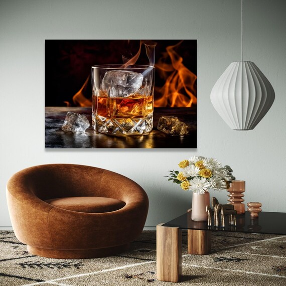 Whiskey Glass Ice Rocks Smoke Fire Bar Cave Moody Photo Poster
