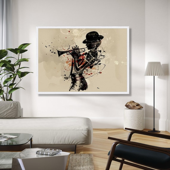 Jazz Trumpet Player Silhouette Ink Splash Paint Music Poster